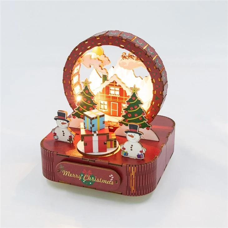 Hongda MB002 Christmas Style Wooden Assembled Music Box With Light